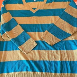 Belle by Kim Gravel Rugby Stripe Sweater, Avocado/Blue, size 3X